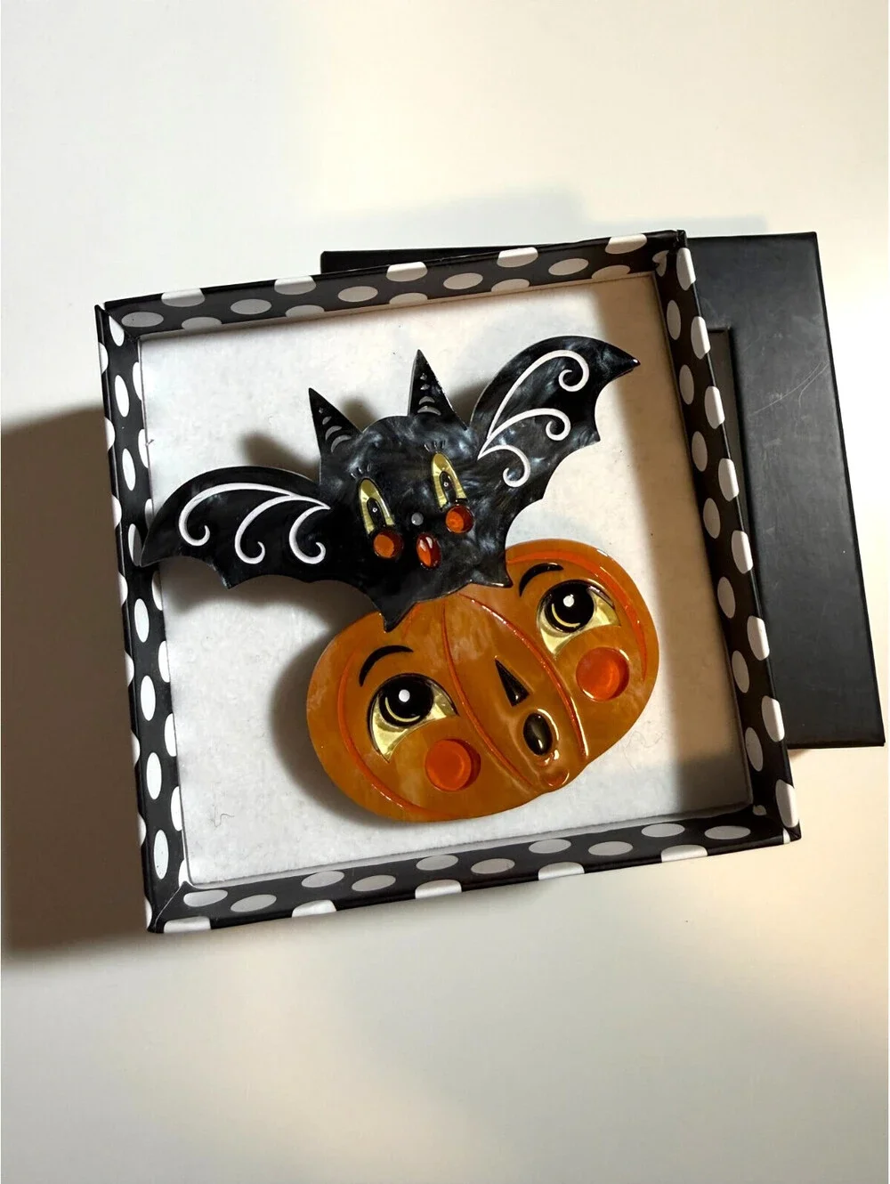 Bat and Jack O Lantern Brooch Johanna Parker Lipstick & Chrome Halloween Pumpkin